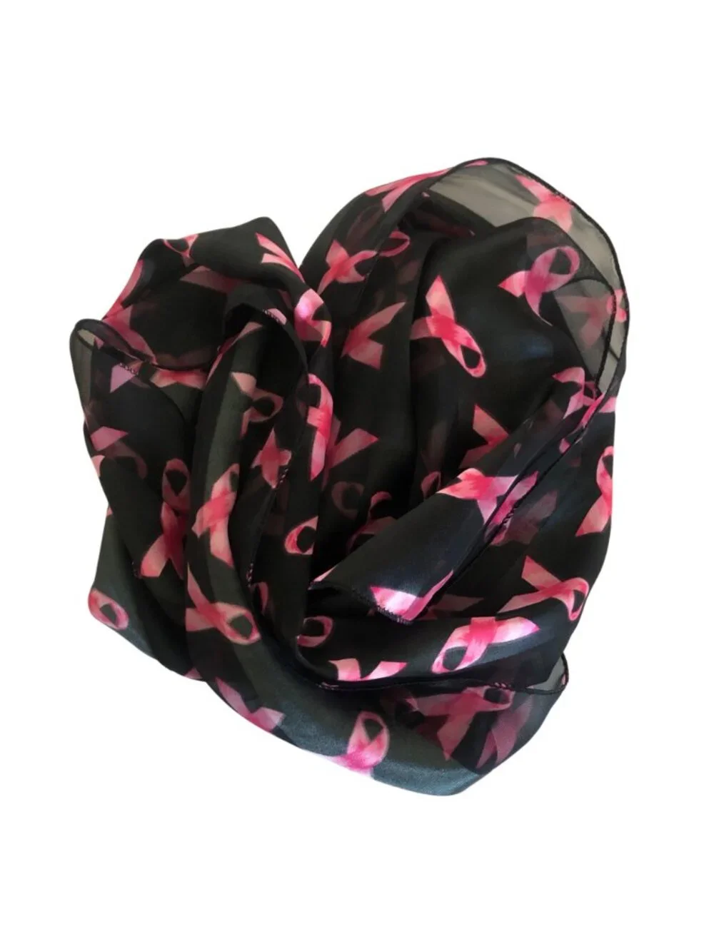 Breast Cancer Awareness Black Scarf Pink Ribbons Lightweight Sheer 14x59in